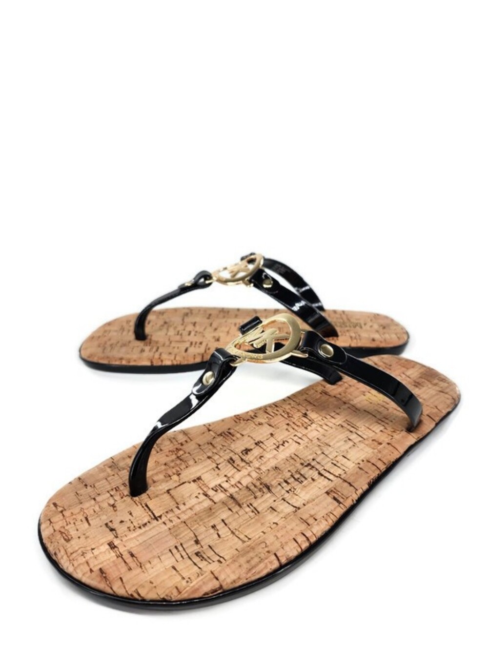 Michael Kors Jet Set Black & Cork Gold Logo Flat Slide-On Post-Toe Thong Sandals